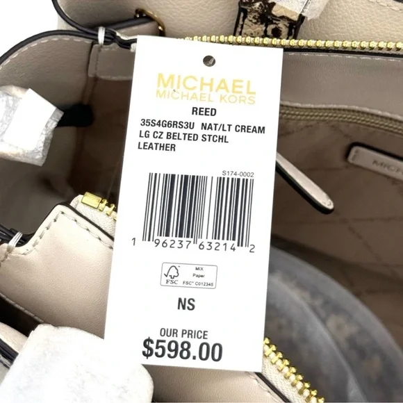 Michael Kors Large Reed Leather Belted Satchel Crossbody Bag Cream Snakeskin - Picture 11 of 11